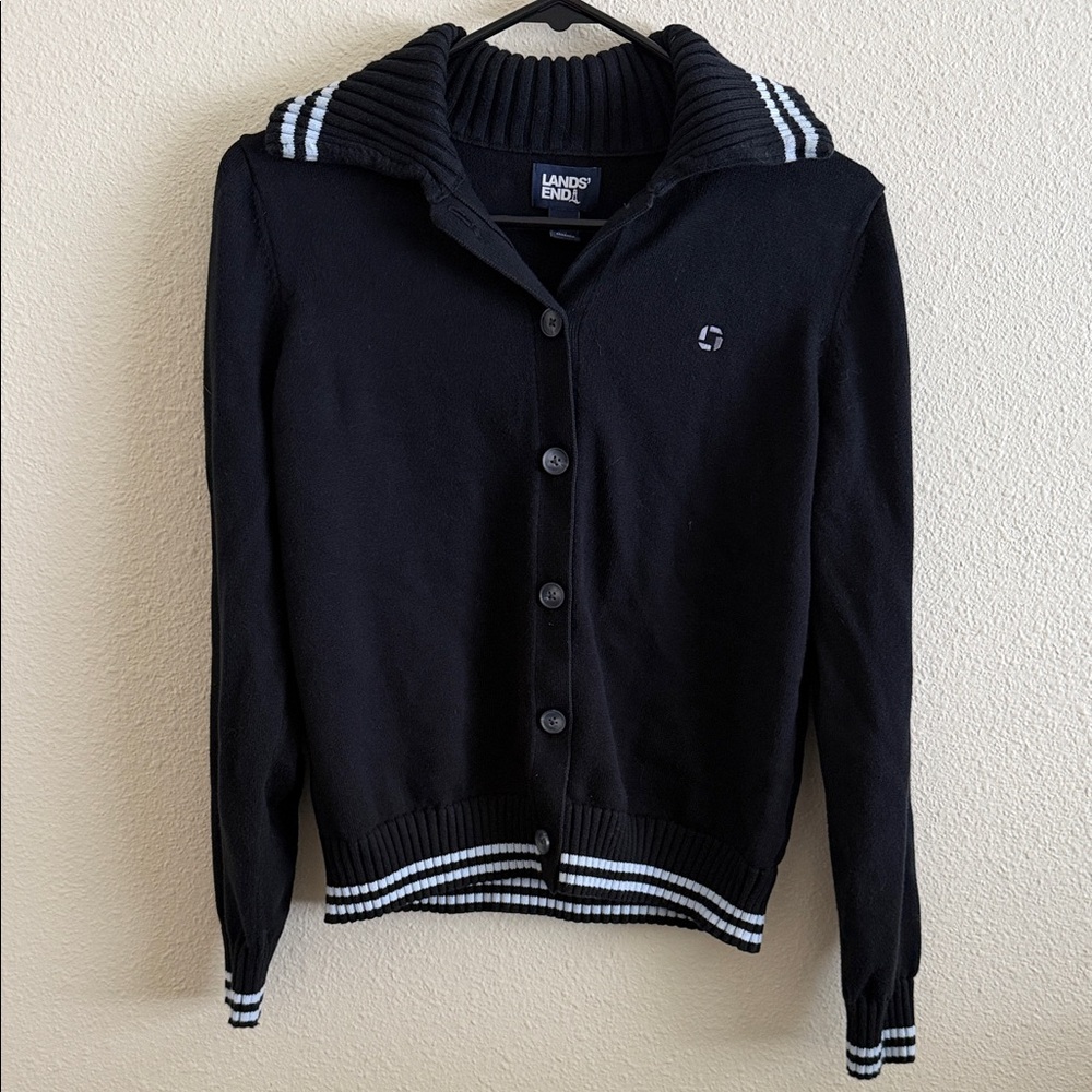 Chase Bank Black Cardigan with Baby Blue Accents